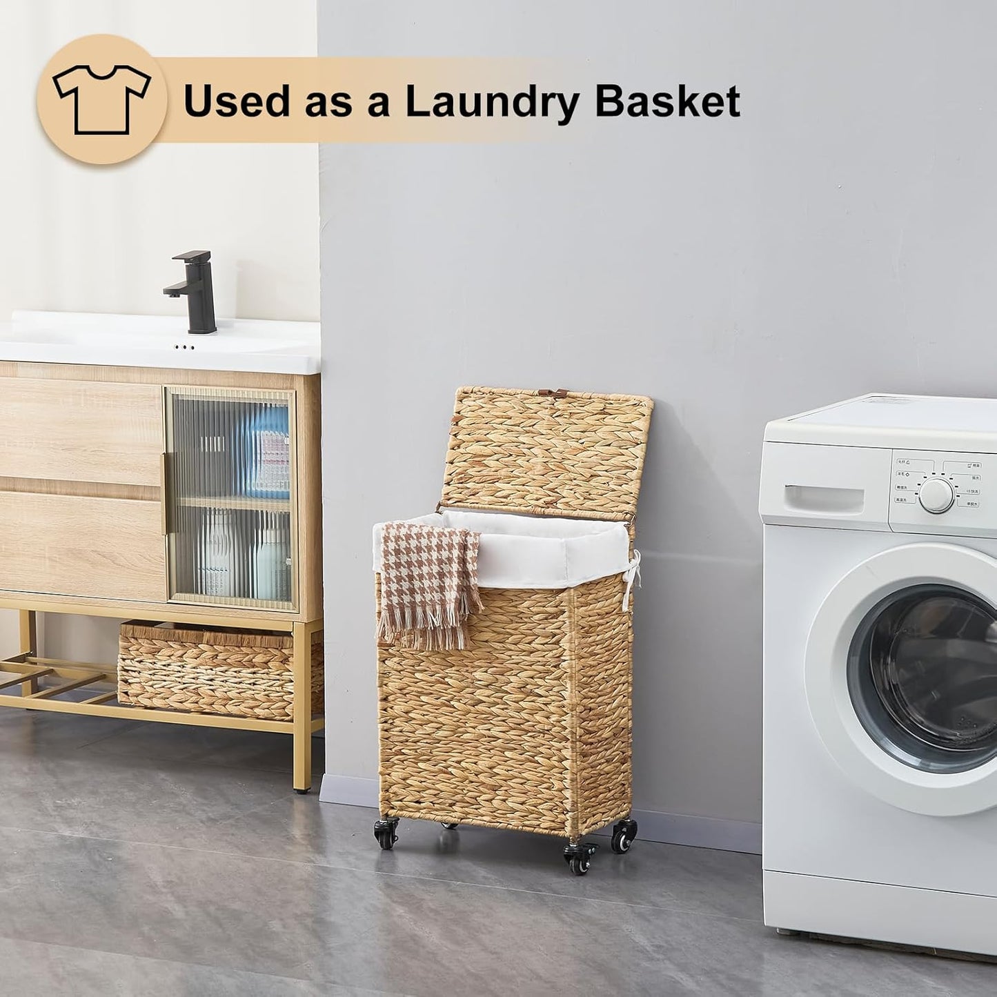 Rolling Laundry Hamper with Lid and Wheels, Slim Laundry Basket with Removable Liner Bag & 2 Mesh Bags, Handwoven Water Hyacinth Clothes Hamper for Bedroom Bathroom (Natural, 50L)