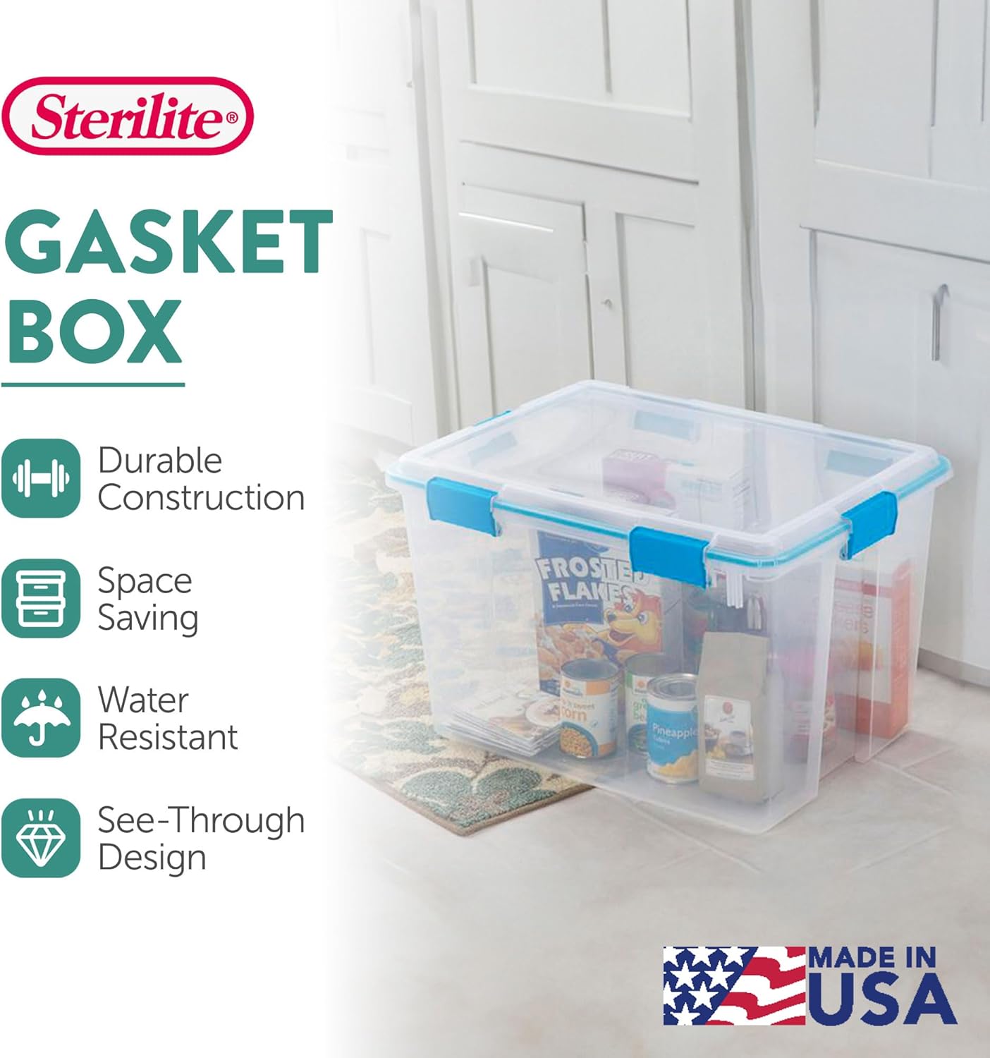 Sterilite 12-Pack Gasket Box, Weather-Resistant Storage Bins with Latching Lids, 80 Quart - Heavy-Duty Organizing Containers for Closet, Bathroom, and Office