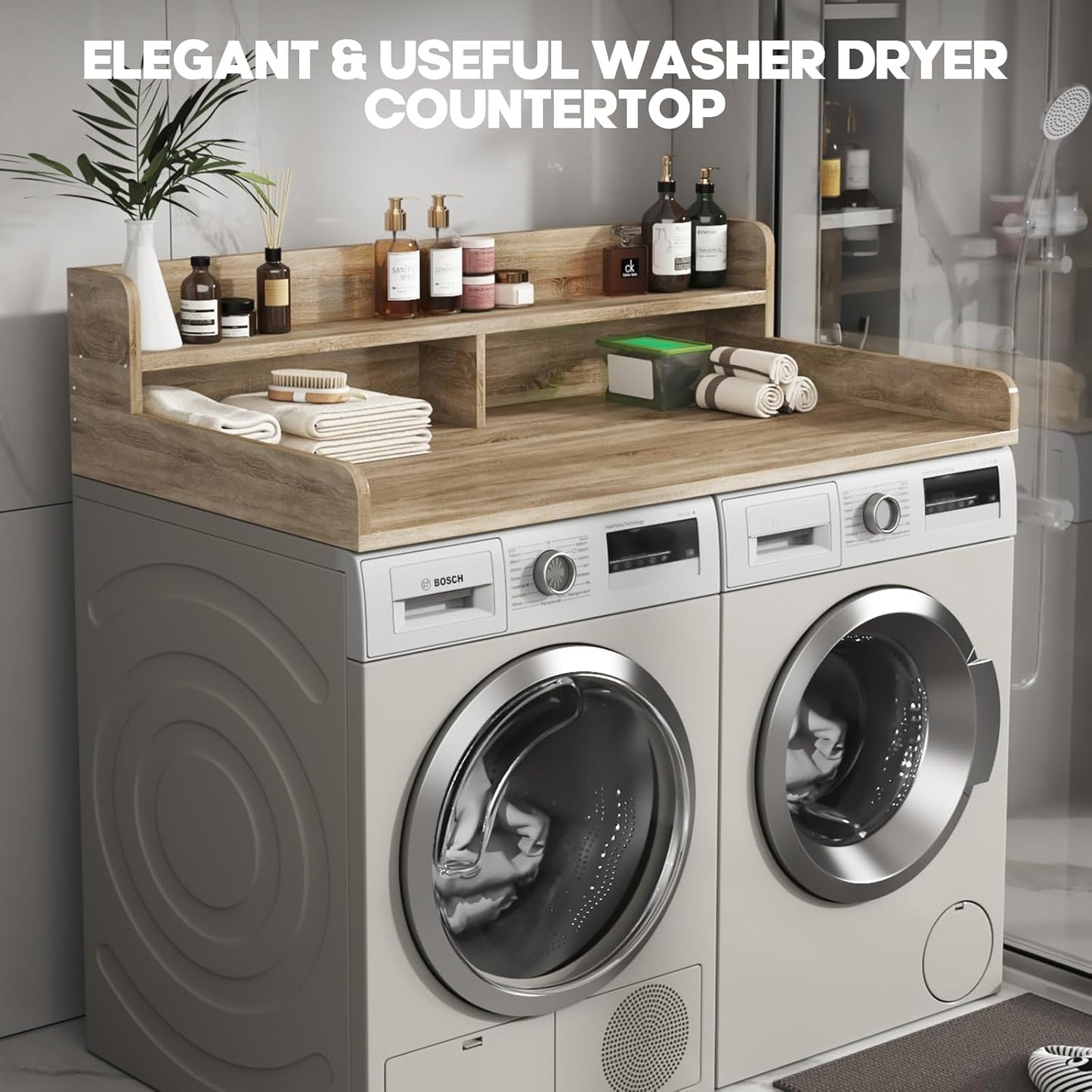 2-Tier Washer and Dryer Countertop with 2.75" H Guard,54" W x 27.5" D Laundry Countertop Cover with Non-Slip Pad,Large Space Laundry Topper for Folding Clothes Over Washer and Dryer-White Oak