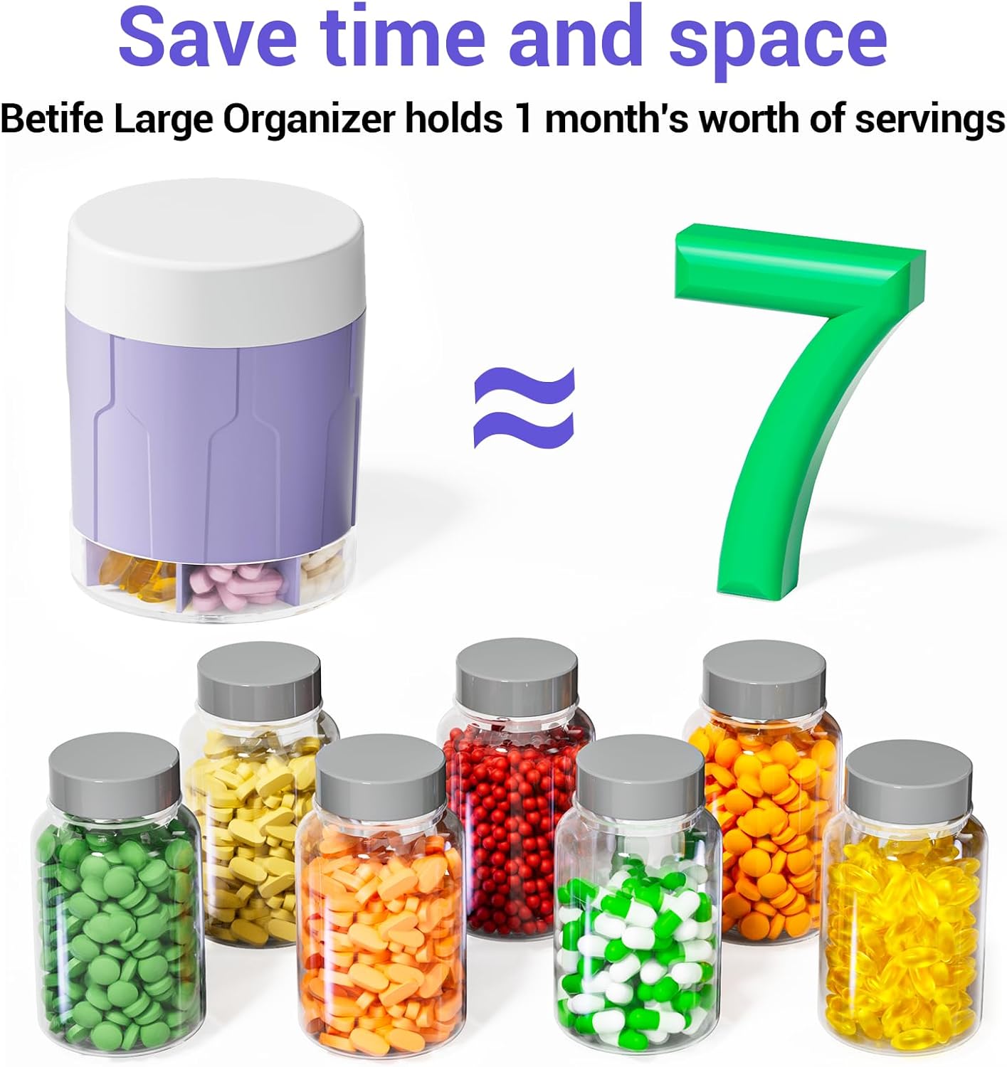 Betife Extra Large Supplement Organizer,Weekly Pill Organizer Bottle, Daily Pill Dispenser with 7 Large Compartments, Organizer to Hold 7 Day Vitamin Medication,21 labels and a cleaning brush (Purple)