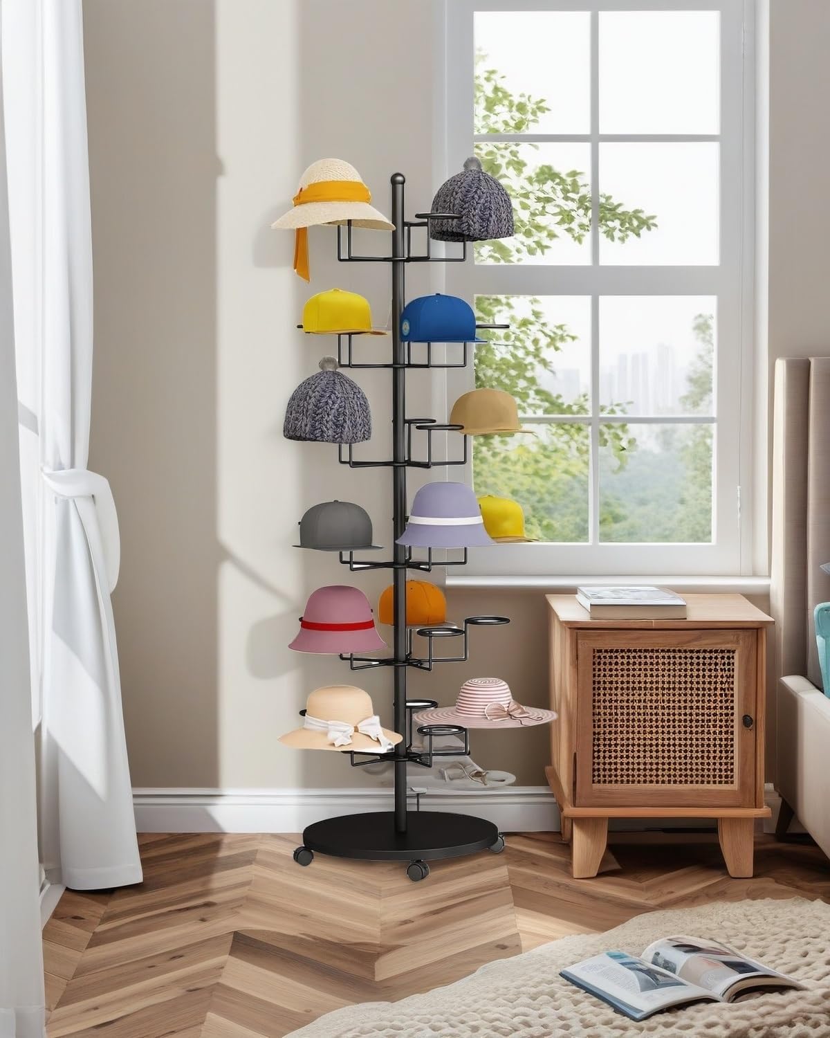 Hat Rack Stand 30-Hooks, Hat Display Stand Metal,Hat Display for Stores， Home or Store of Standing hat Rack(Black,6th Floor)