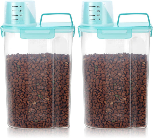 3-5Lbs Airtight Small Cat Dog Pet Food Storage Containers BPA Free, with Large Pour Spout/1 Measuring Cup/ 4 Safety Locks and Double-layer Silicone Strip (Clear Blue 2Pack)