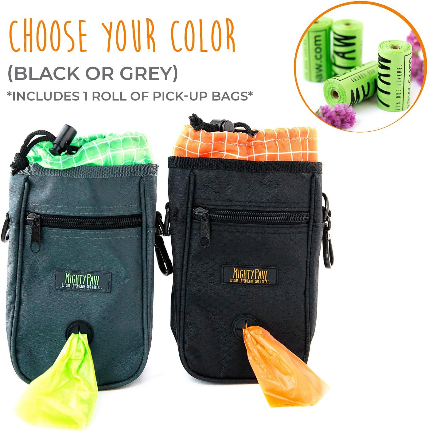 Mighty Paw Dog Treat Bag - Drawstring Closure Pouch - Includes Carabiner Hook and Pick-up Bags - Dog Paw Treat Bag - Pet Training Pouch - (Grey/Green)