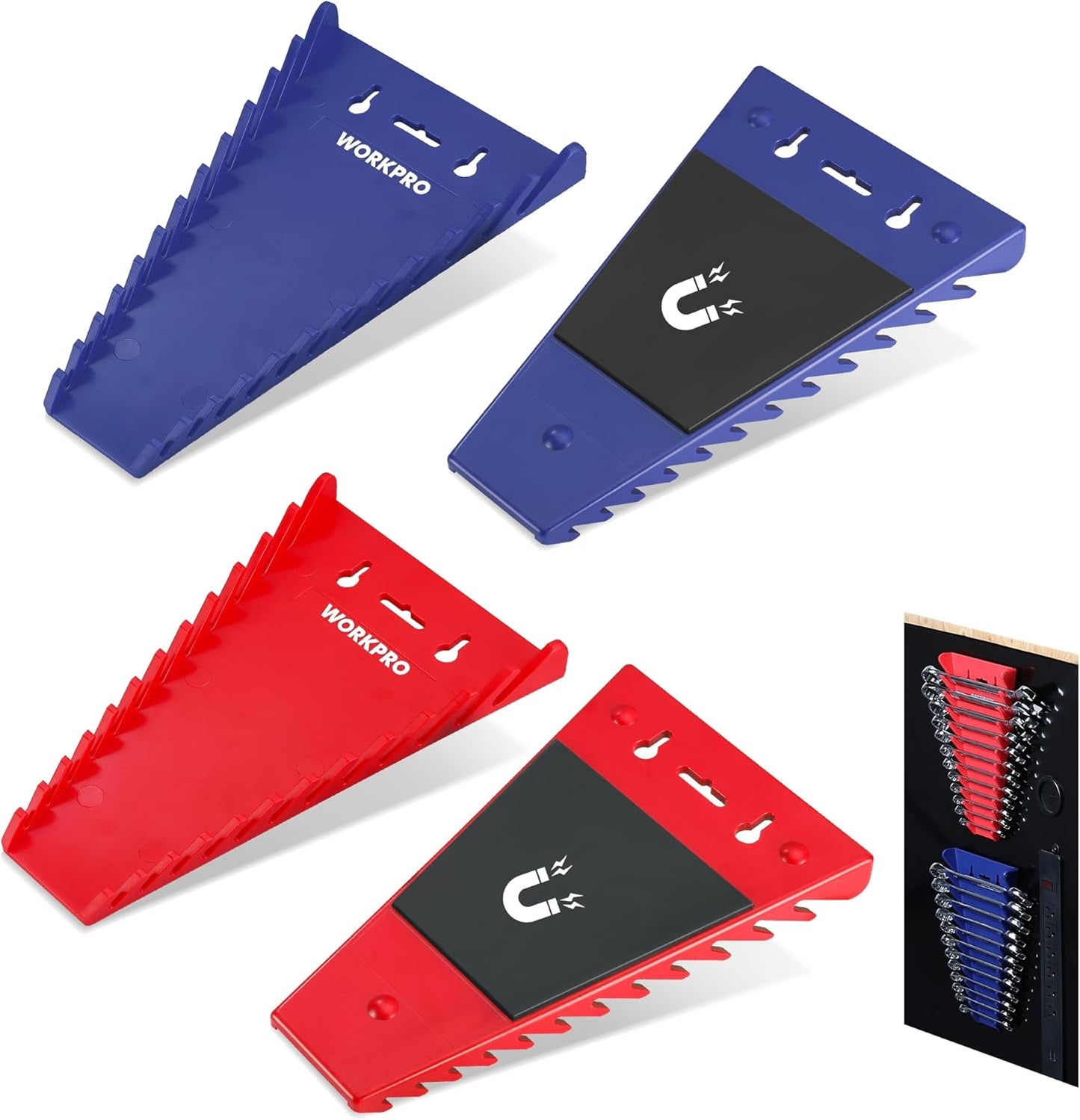 WORKPRO 4-Pack Magnetic Wrench Organizer, 12-Piece Wrench Holder Set for Tool Box Drawer Chest, SAE(1/4" - 15/16") and Metric(6 mm-24 mm)