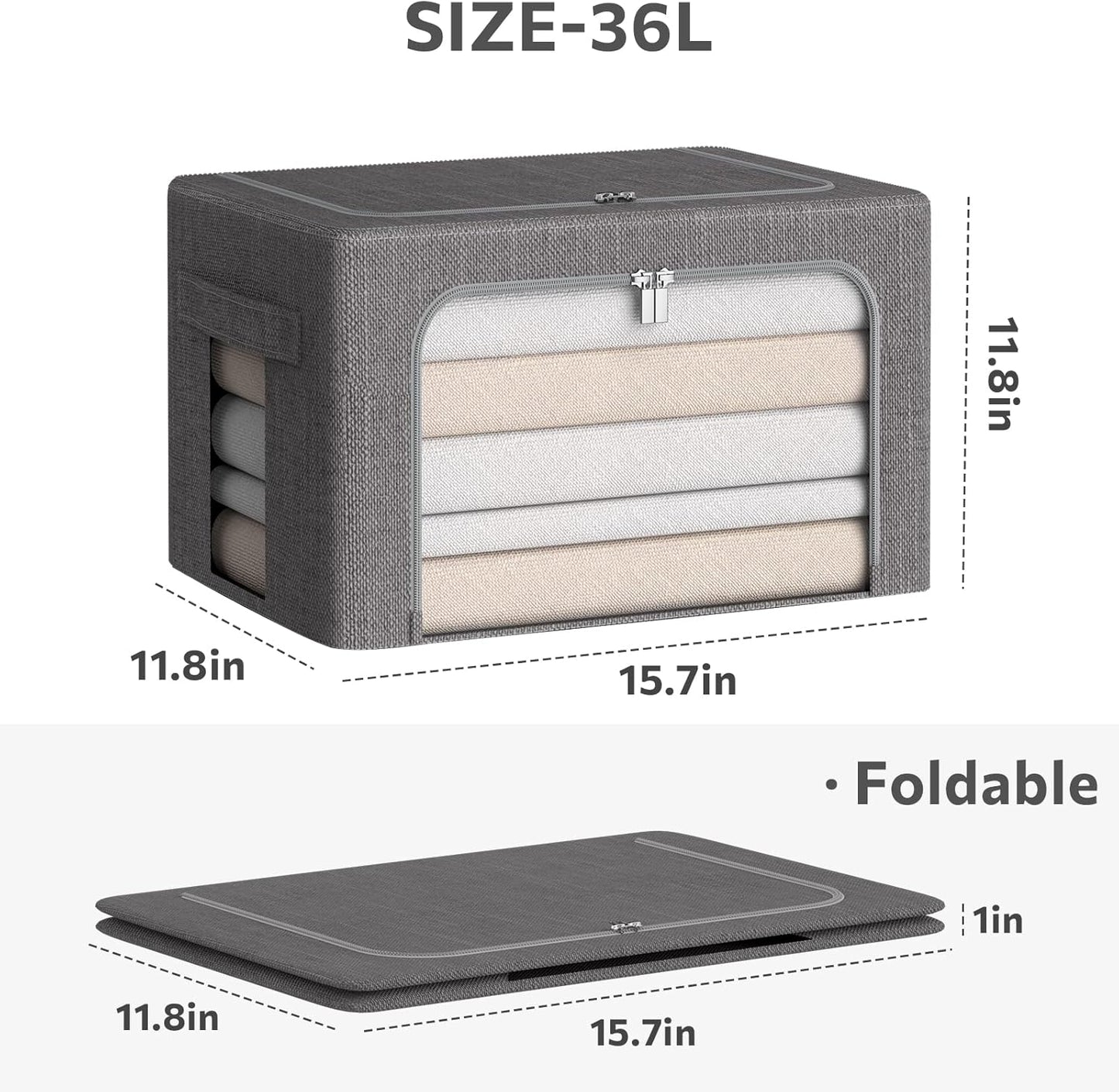 CYhom 3Pack Foldable Storage Bins - Frame Storage Box Linen Fabric Stackable Clothes Container Organizer with Clear Window & Carry Handles Large Capacity (Medium-36L, Dark Gray)