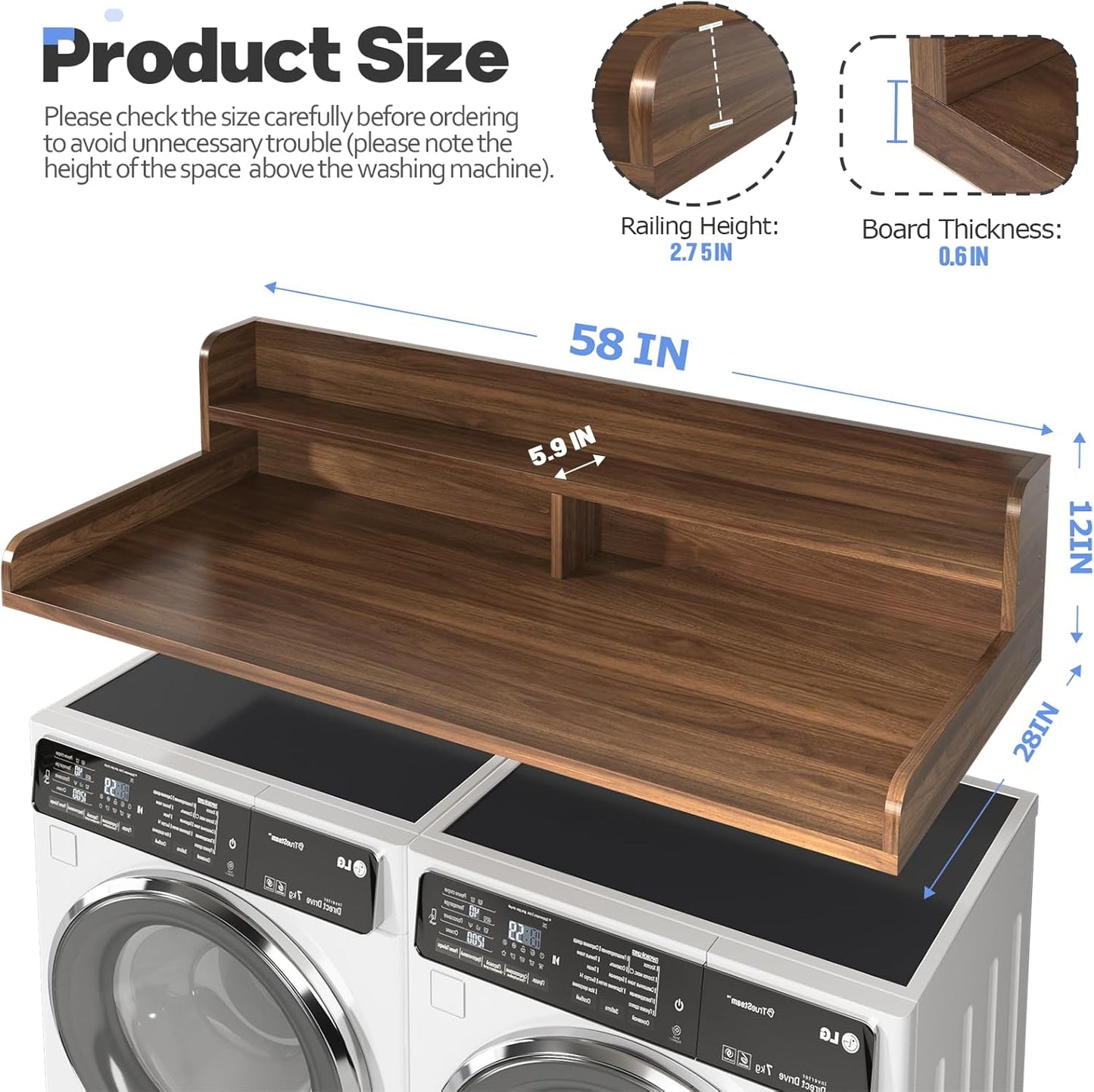 2-Tier Washer and Dryer Countertop,2.75" H Guard,58" W x 28" D Laundry Countertop Cover with Non-Slip Pad,Large Space Laundry Topper for Folding Clothes Over Washer and Dryer-Dark Walnut