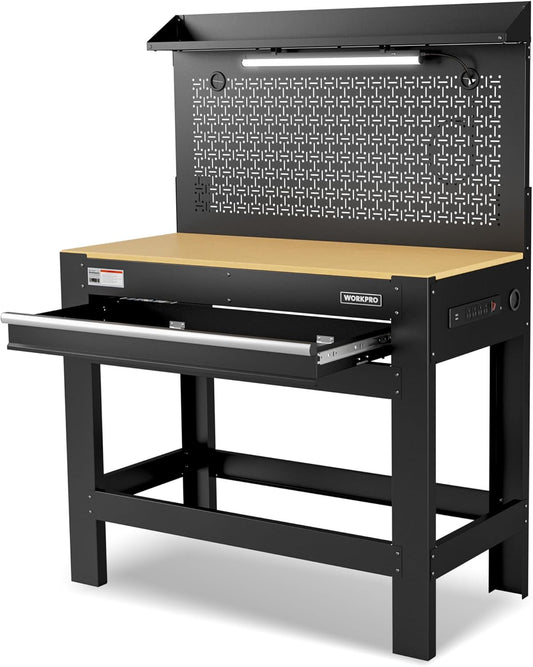 WORKPRO 45" Garage Workbench with Storage, Heavy-Duty Workbench with Pegboard, Power Outlets and Light, 800 LBS Work Bench for Garage, Warehouse, Workshop