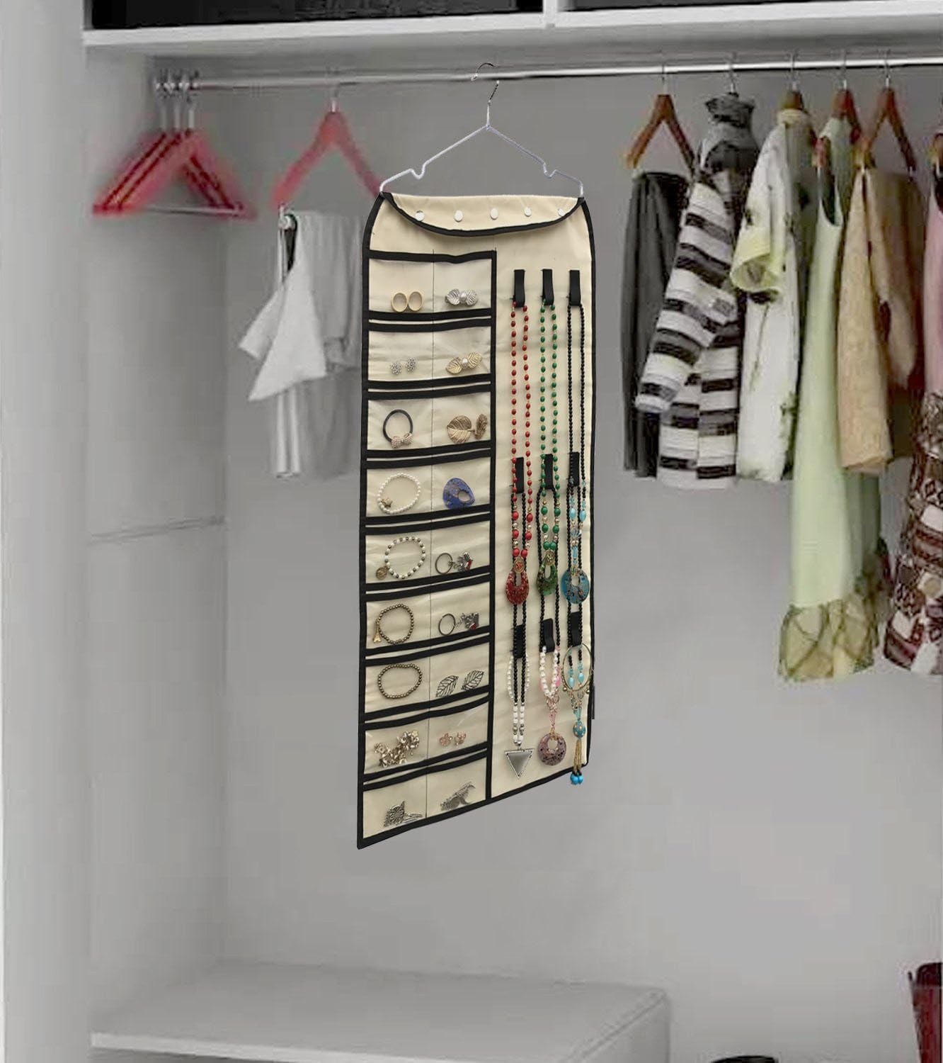 BB Brotrade Hanging Jewelry Organizer,Accessories Organizer,56 Pocket Organizer for Holding Jewelries (Beige-56 Pockets)