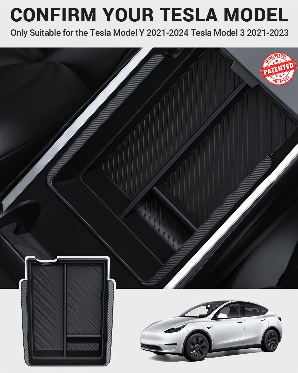 BASENOR 2021-2024 Tesla Model Y Model 3 Armrest Storage Box (Carbon Edition) Console Organizer Tray for 2021-2023 Model 3 2021-2024 Model Y Interior Accessories
