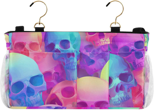 Gradient Multicolored Skulls Bedside Caddy for Dorm Bed Bedside Hanging Caddy Bag Iron Frame Storage Organizer Pocket for Bunk Home College Hospital Beds 2 Hooks
