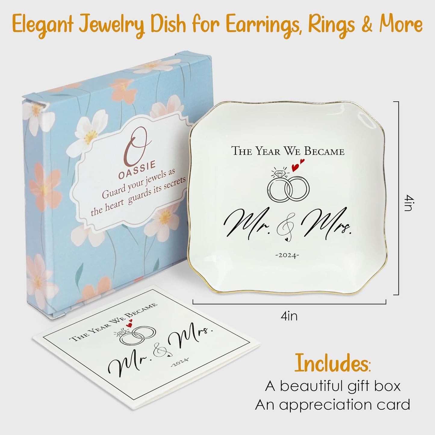 OASSIE Anniversary Wedding Gifts for Her Wife - 4"x4" Ceramic Jewelry Dish Tray - Engagement Newlyweds Couples Gifts for Women Her Wife, Mr and Mrs Decorative Trinket Dish