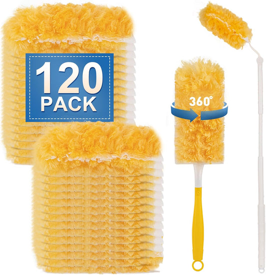 Heavy Duty Duster Refills, Disposable Dusters Kit for Cleaning Dusting Furniture Blind Ceiling Fan, Multi Surface 360 Feather Duster(120)+3FT Extended Handle +1 Handle