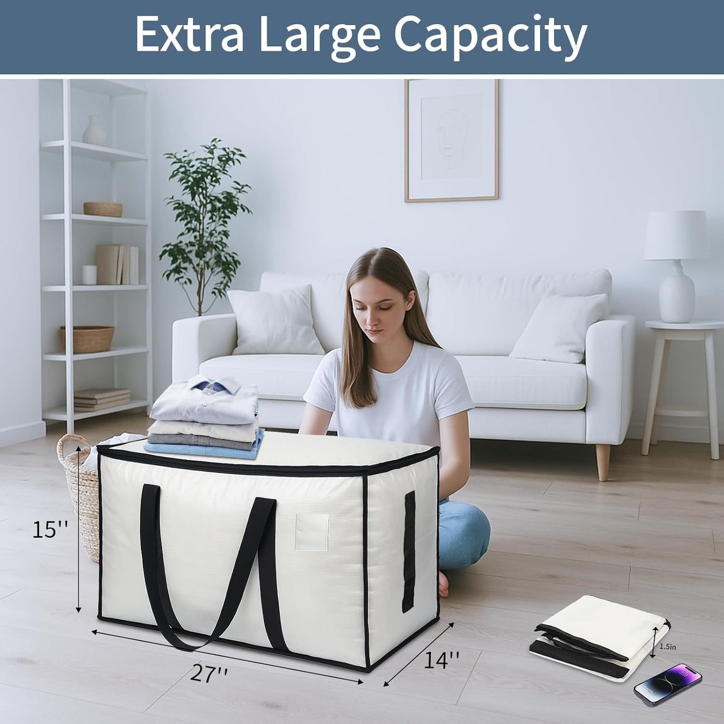 6 Pack-Extra Large Heavy Duty Moving Bags - Waterproof Storage Totes with Handles & Zippers, Foldable for College Dorm, Storage (Clear)