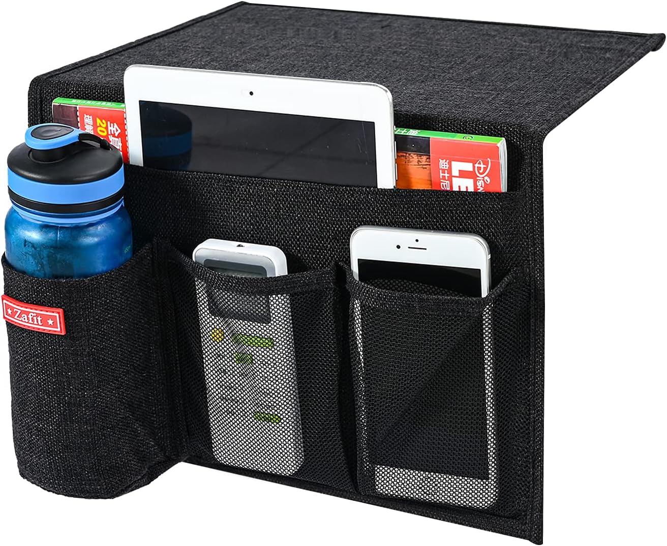 Linen 4 Pockets Bedside Caddy, Bedside Storage Organizer with Water Bottle Holder for Magazine, Remotes, Phone (Black)