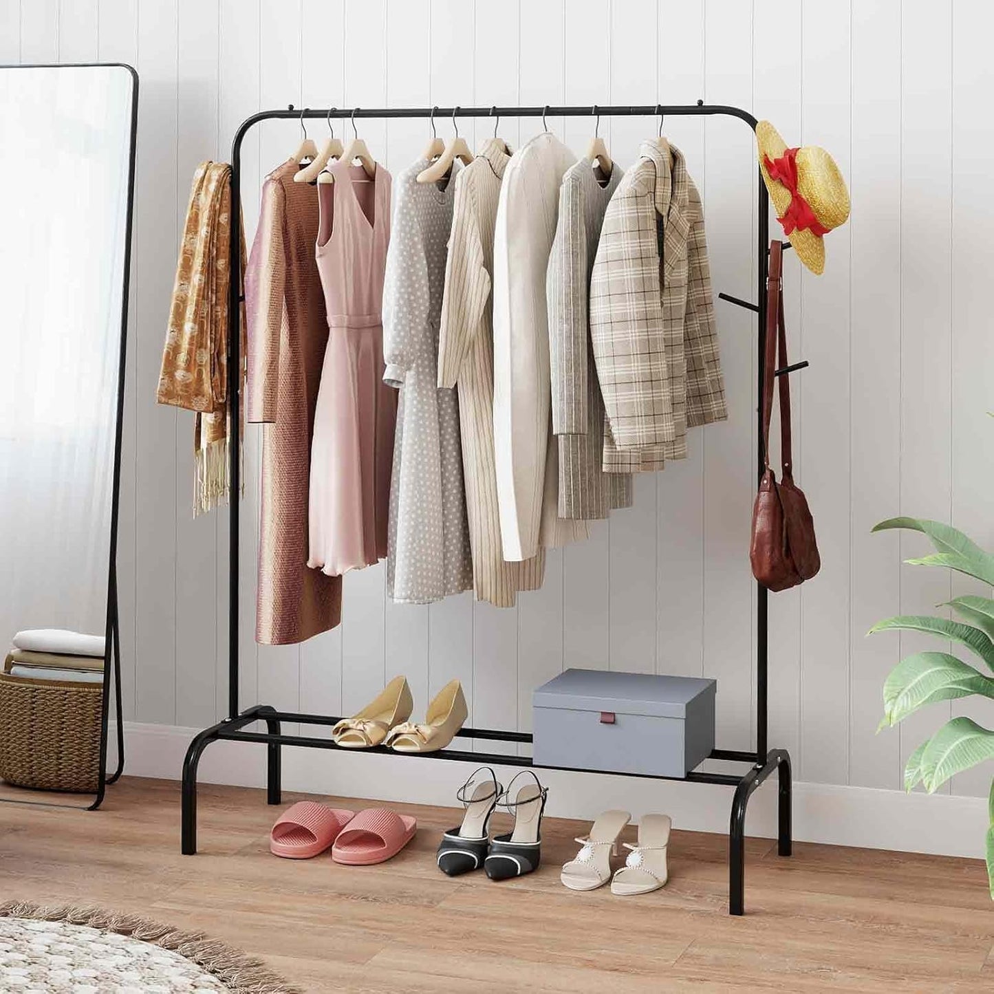 Giantex Clothes Rack for Hanging, 50" Wide Freestanding Garment Rack with Hanging Rod, 8 Hooks & Storage Shelf, Heavy-duty Metal Clothing Racks Wardrobe Organizer for Bedroom, Entryway, Laundry
