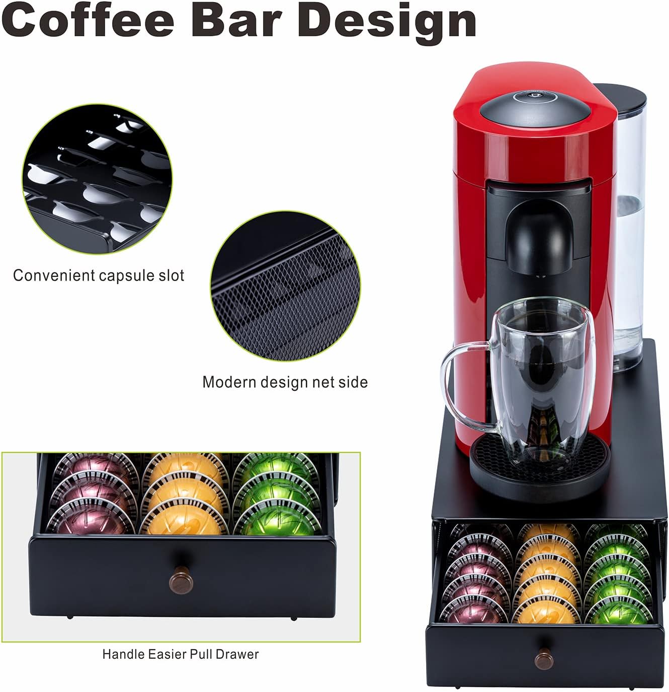 Flagship for Nespresso Pod Organizer Vertuo Pod Holder Coffee Pod Drawer Coffee Bar Design Black Metal(30 Pods Capacity)