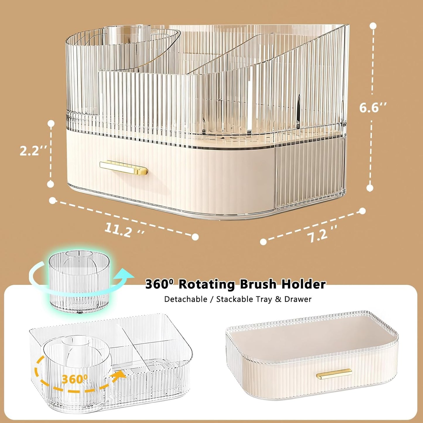 Makeup Organizer for Vanity with Stackable Drawers, 360 Rotating Makeup Brush Holder Large Cosmetic Display Case for Dresser, Bathroom Countertop Skincare Organizers and Storage