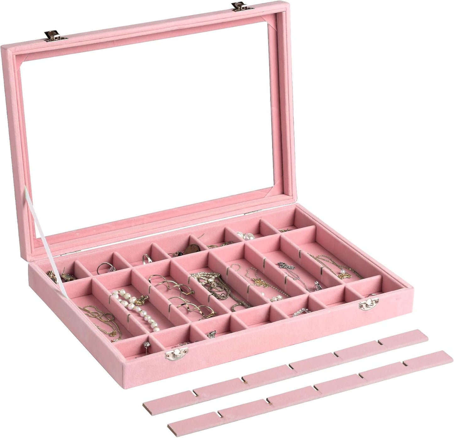 Frebeauty Velvet Jewelry Tray,35 Grid Jewelry Organizer with Clear Lid,Earring Holder Organizer Case with Clasp,Drawer Insert for Rings Studs,13.8 x 9.5 x 2 Inches,Gift for Women Girls(Pink)