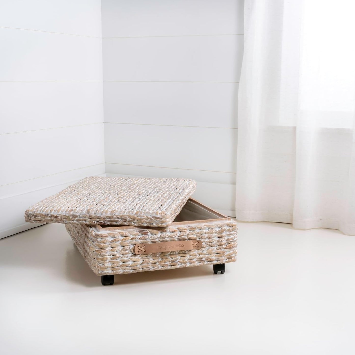 happimess BSK1006C 26.38" Chett Minimalist Hand-Woven Hyacinth/Wood Underbed Storage Bin with Wheels and Handles for Storage and Decoration in Bathroom, Bedroom, Closet,Entryway,Guest Room, White Wash