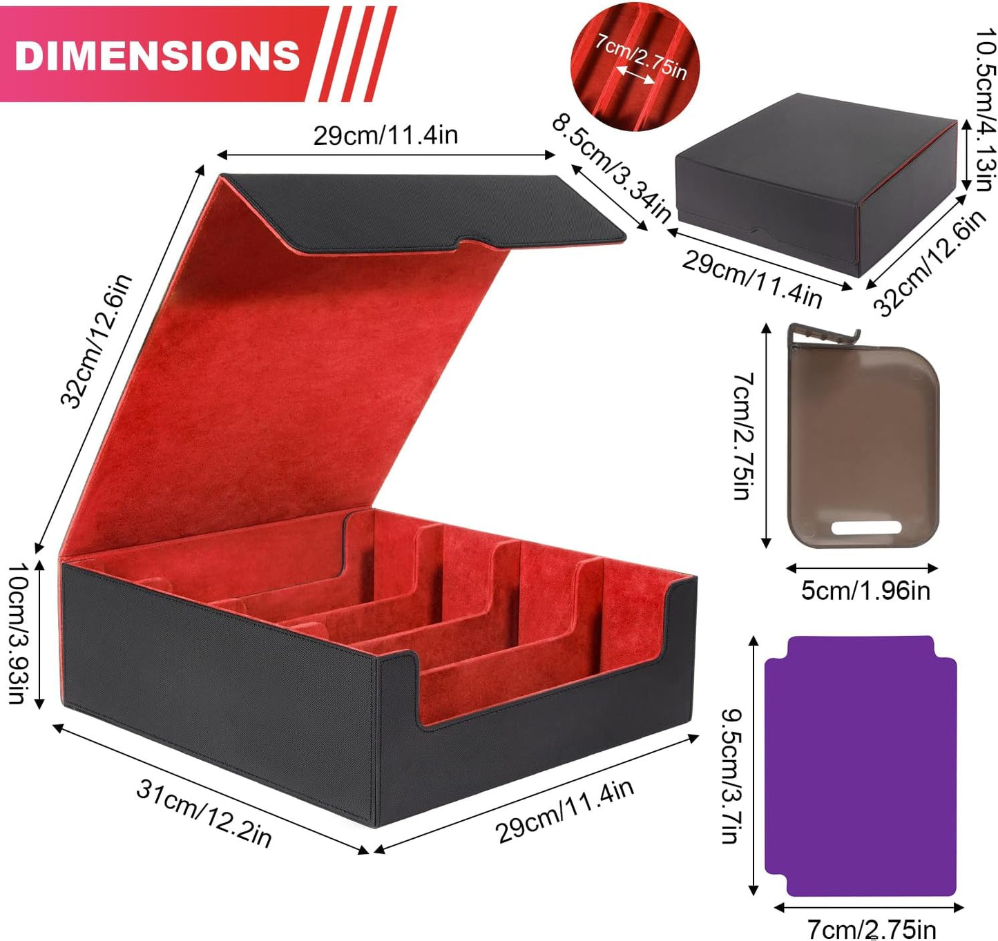 Red Card Organizer Box, 3000+ Trading Card Storage Box, PU Leather, 24 Dividers, Magnetic Closure, 4 Supporters, Card Holder Box For Game Sports Card