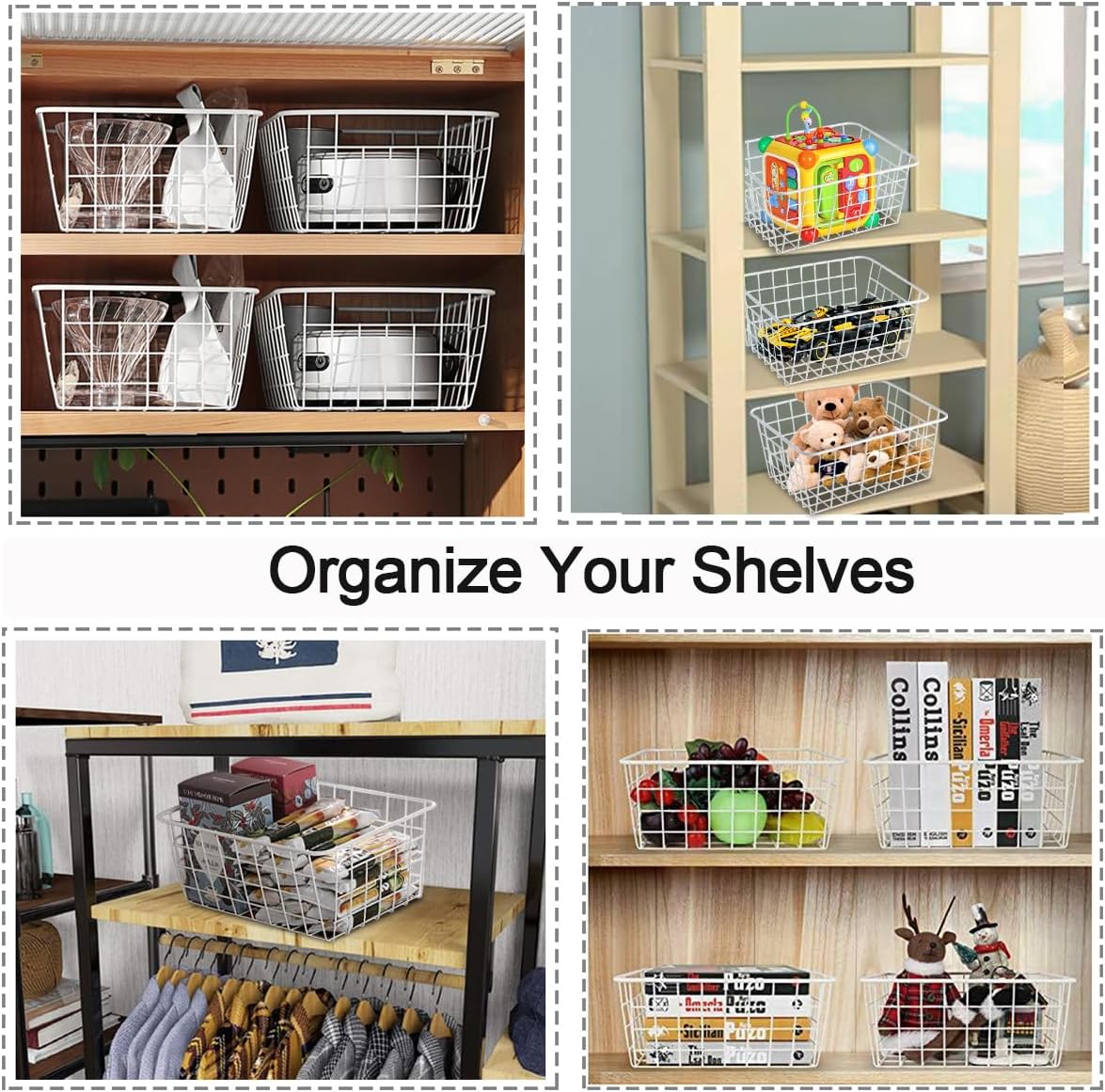 4 Pack White Wire Baskets for Organizing Office Wire Storage Basket White Metal Storage Baskets for Pantry Kitchen Bins Freezer