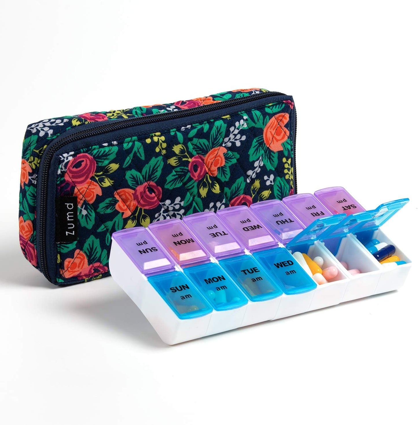 Weekly Pill Organizer 2 Times a Day, Zumd Pill Box 7 Day with Cute Quilted Fabric Zipper Case, Travel Pill Case Am Pm for Vitamin Medicine Organizer