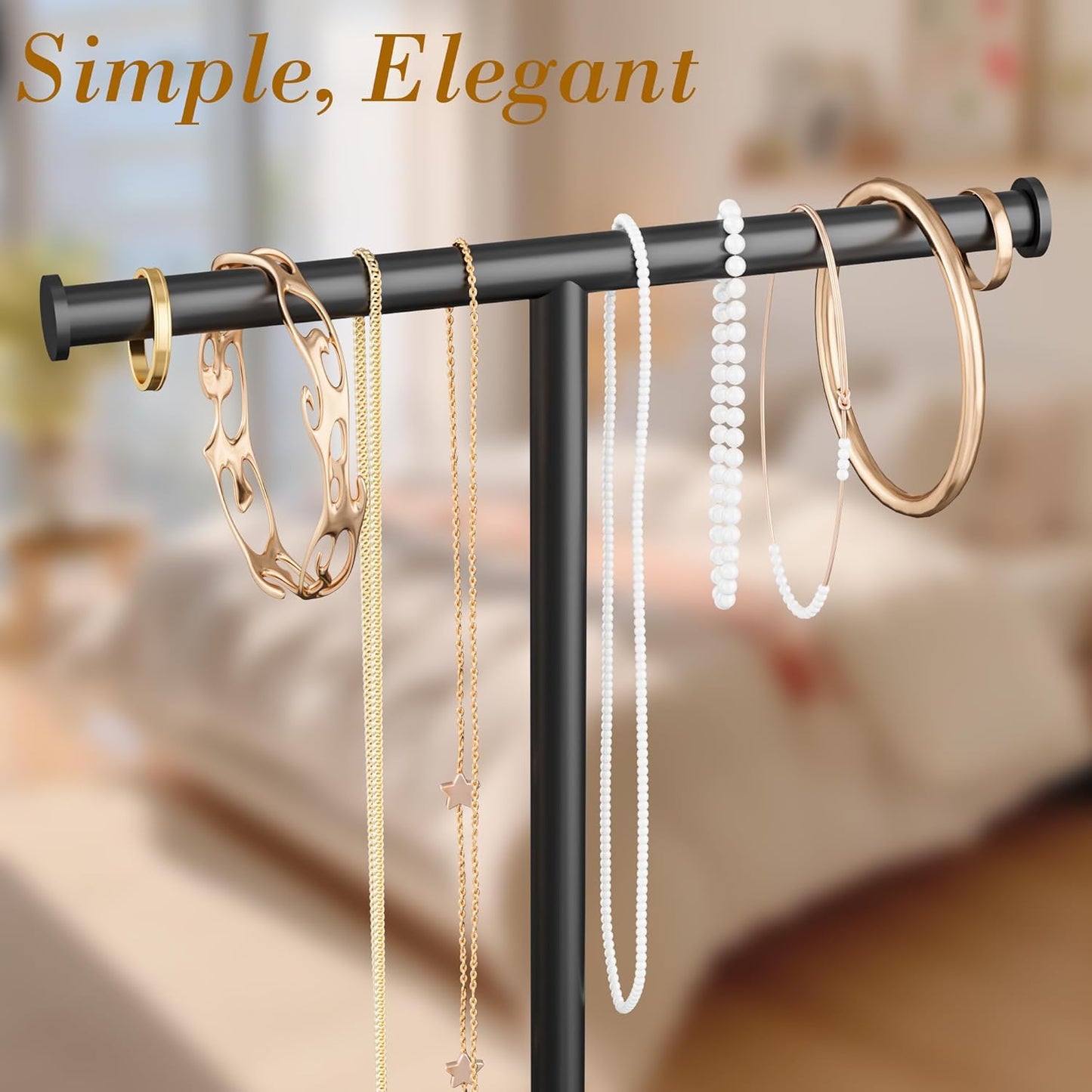 Necklace Organizer Stand with Storage Tray - 12.6" Tall T-Shaped Jewelry Holder Stand for Bracelets, Earrings, Rings | Stylish Home & Vanity Décor for Women, Black.