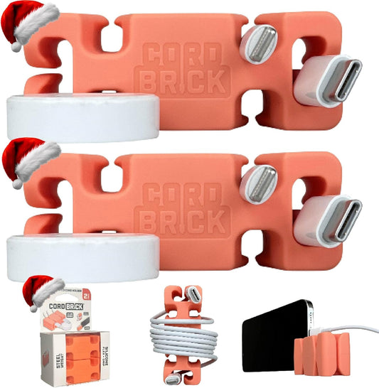 CordBrick Stocking Stuffers for Adults Cord Management Weighted Cord Holder Cable Wrap Phone Stand - Multiuse Gadget Organizer for Nightstand, Desk. Gift for Men, Durable Silicone. 2pk Coral