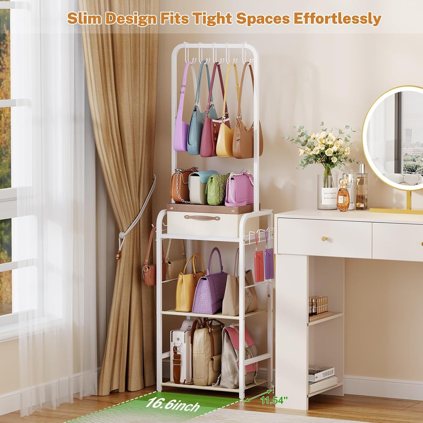 Tall Purse Organizer for Closet with 5 Purse Hanger & 6 Side Hooks, 4 Tier Floor-Standing Purse Rack Stand for Purse Storage, Narrow & High-Capacity Handbag Organizer, Backpack Storage for Small Place