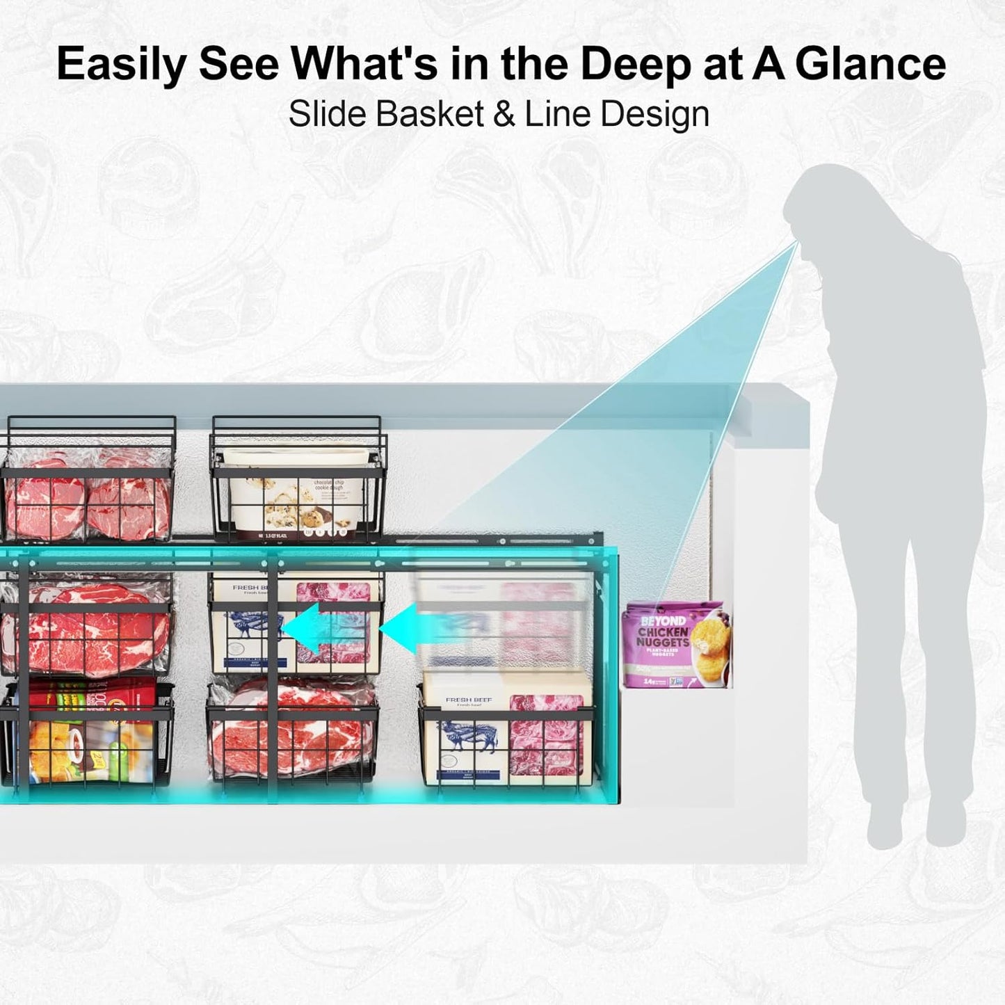iSPECLE Freezer Organizer - Fits 20 to 25 Cu.Ft Large Chest Freezer, 2 Tier Freezer Rack Divided Freezer into 3 Layers Easy Slide to Access All Food, Black
