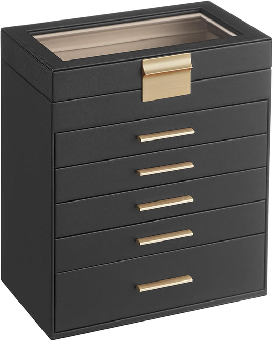 SONGMICS Jewelry Box Organizer with Glass Lid, 6-Layer Jewelry Storage, with 5 Drawers, Modern Style, Christmas Gift, 6.4 x 9.9 x 11.4 Inches, Graphite Black and Gold Color UJBC171B01