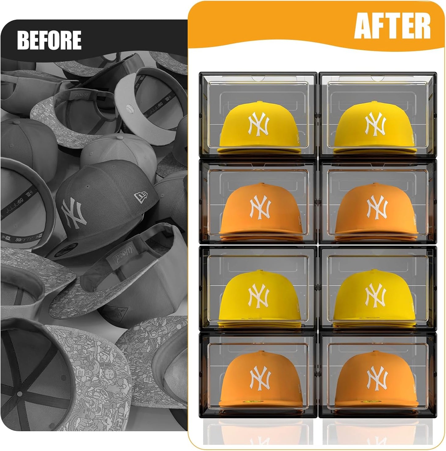 Hat Organizer Box, Stackable Clear Baseball Caps Holder Box Containers with Magnetic Door for Hats Snapback Cap Storag, Hat Rack Display Case, Holds 8 Hats Each (Black, 6 Pack)