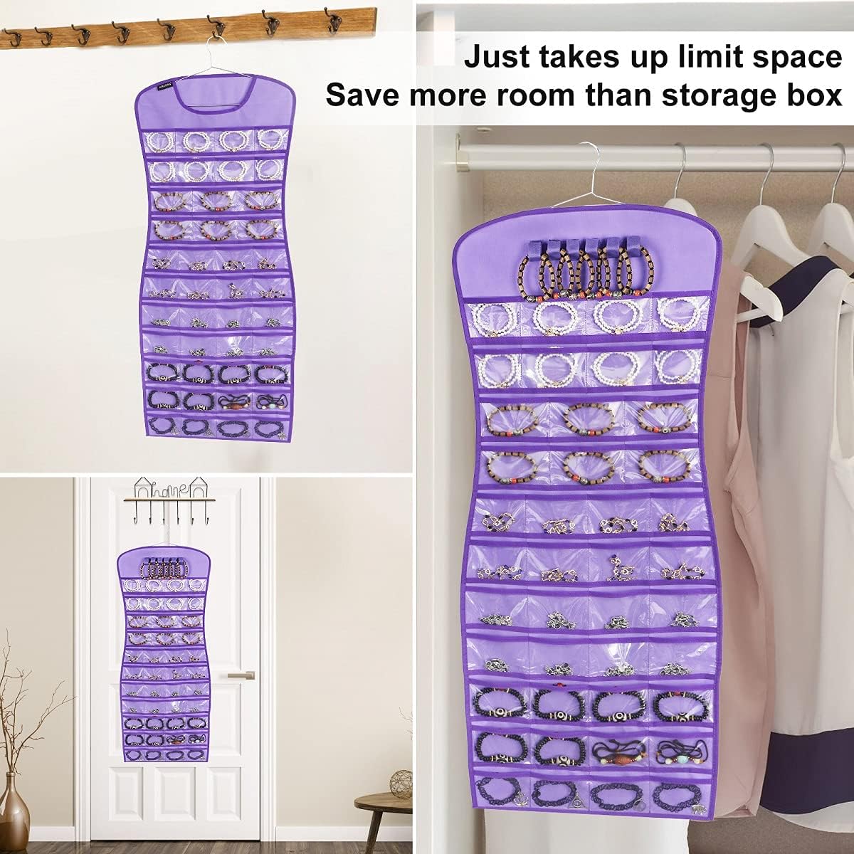 Hanging Jewelry Organizer Dual Sided 84 Clear Pockets and 6 Hook Loops Storage for Holding Jewelries Hair Accessories Dress Shaped Earring Holder (84 Pockets and 6 Hook Loops -Purple)