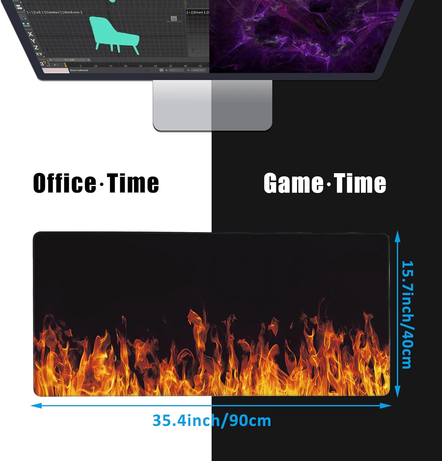 Fire Flames Large Gaming Mouse Pad,Waterproof Desk Mat for Desktop,Non-Slip Rubber Base Mousepad with Stitched Edges for Laptop Office and Home 35.4X15.7 Inch