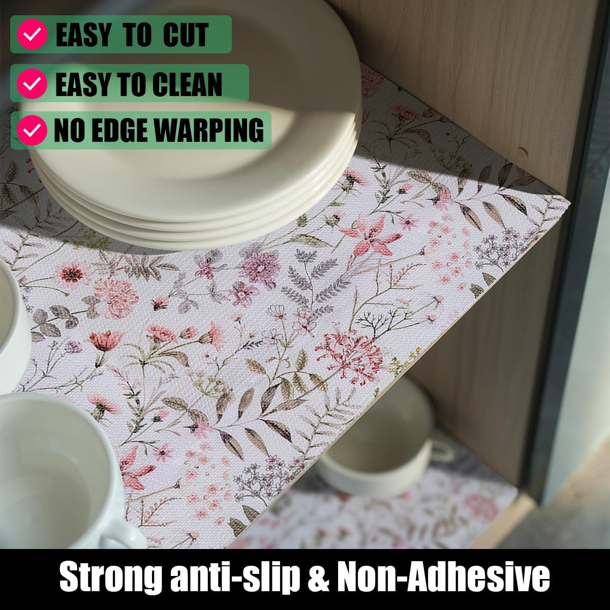 Floral Leaf Shelf Liners Strong Non-Slip and Non Adhesive 12IN x 20FT Shelf and Drawer Liners for Kitchen Cabinet Wire Fridge, Waterproof Shelf Drawer Liner,Easy to Clean