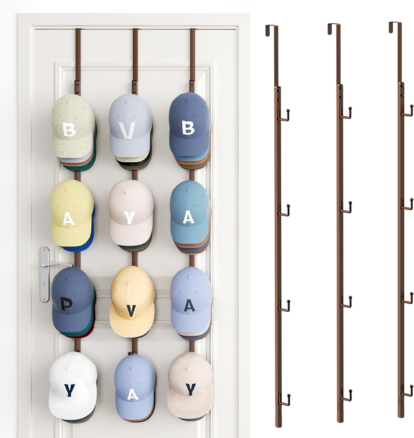 SWTYMIKI Over Door Hat Rack - 3 Packs Metal Hanging Hat Organizer with 12 Hooks Design, Baseball Cap Hanger Organizer Storage Holds up to 60 Caps for Door, Bedroom, Closet