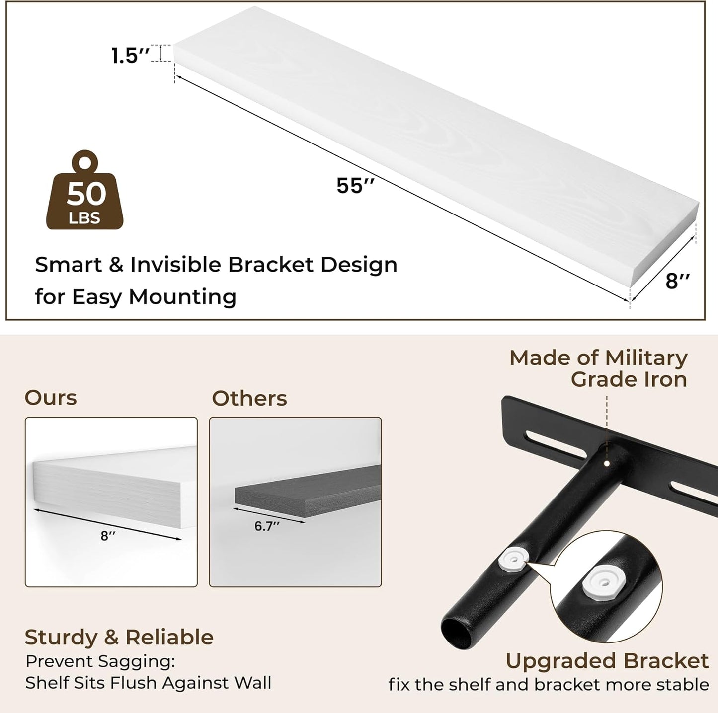 RICHFOCUS 55Inch Floating Shelves for Wall 2 Pack Shelves for Bedroom|Kitchen|Bathroom Wall Mounted Rustic Wood Floating Shelf with Invisible Brackets for Books|Storage|Decor, White