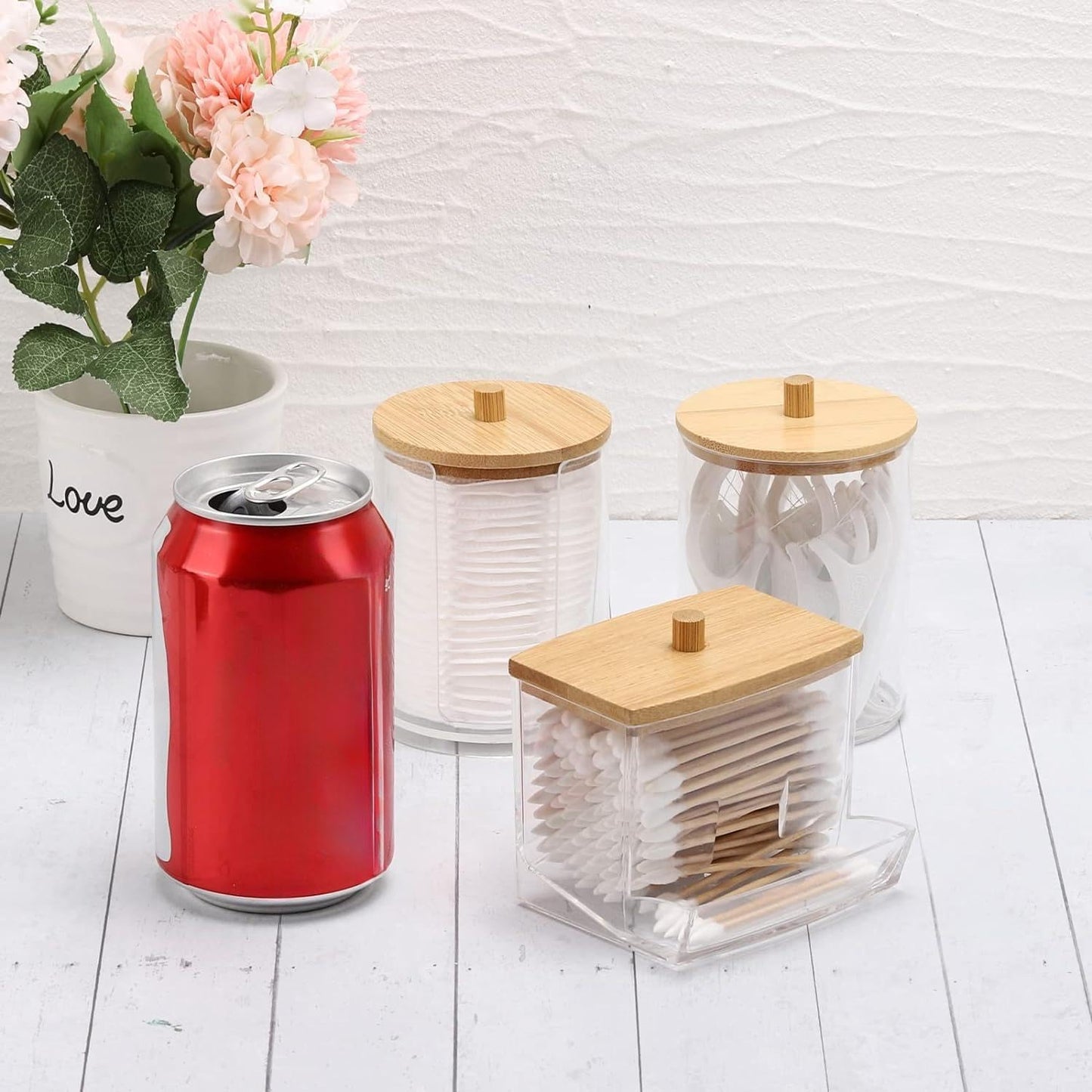 Tbestmax Bathroom Organizer Accessories Set-10 OZ Qtips Holder Storage with Bamboo Lids, Cotton Ball/Swabs Dispenser, Apothecary Container Jar 3 Pcs
