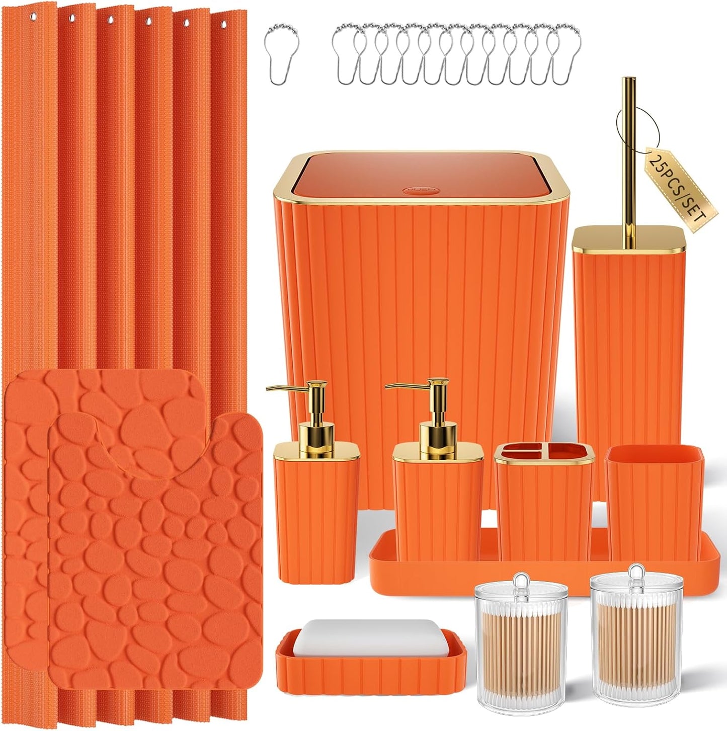 Bathroom Accessories Set - 25PC Bathroom Sets with Shower Curtain and Rugs, Orange Bathroom Accessories with Trash Can, Soap Dispenser, Soap Dish & Toilet Brush