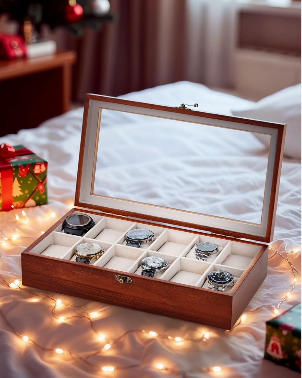 Watch Box, Watch Case for Men Women with Large Glass Lid, Wooden Watch Display Storage Box with 12 - Slots, Classic Walnut Mens Watch Box Organizer