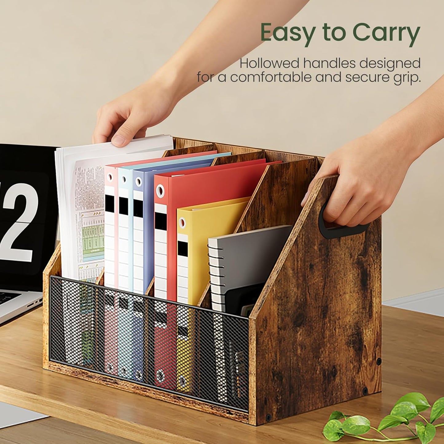 Wooden Desktop File Organizer with Removable Dividers, Mesh Front Panel for Paper, Mail, Magazine, Home Office Desk Storage, Easy Assembly, Rustic Brown MWJ06FG