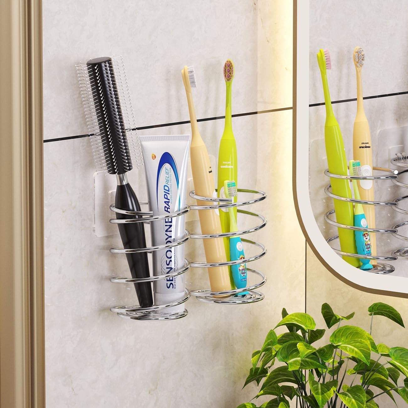 Wall-Mounted Spiral Hair Tool Holder, Adhesive Bathroom Organizer for Toothbrush and Makeup Brushes, Stainless Steel, 8 x 7 cm (3)