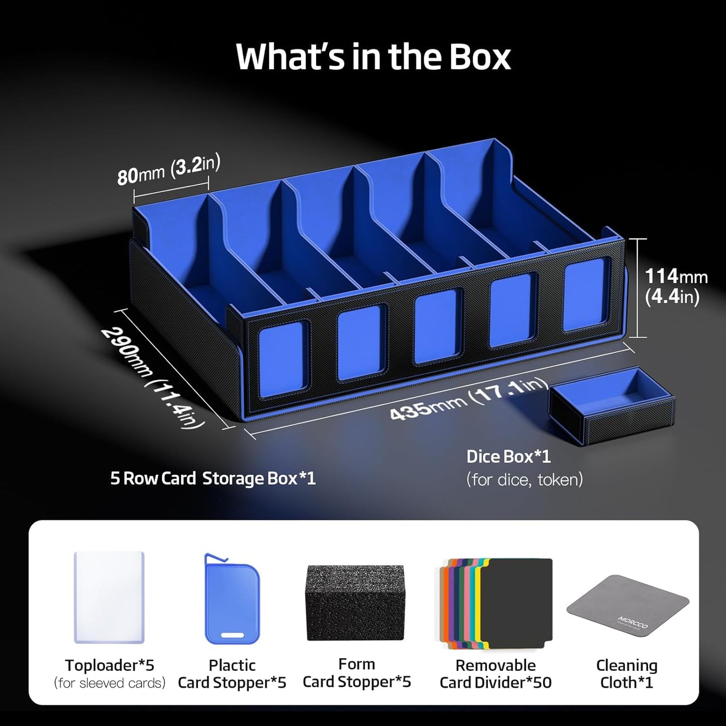 Trading Card Storage Box 5-Row 3900+ Capacity,TCG MTG Card Case with Magnetic Lid & Commander Display,Top Loader Storage for Sports Cards,Includes Dividers Dice Box（Black＆Blue）