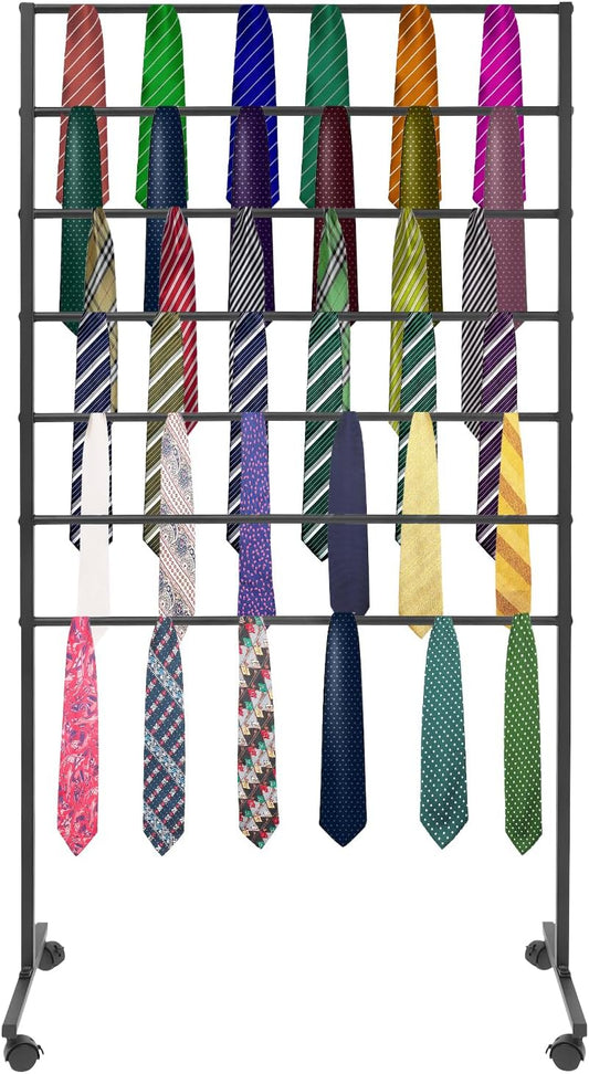 7 Tiers Rolling Display Tie & Scarf Rack Towel Belt Pants Hangers Ribbon Organizer Hijab Stand, Floor Standing Tie Scarves Hanging Rack Necktie Holder for Home Commercial Clothing Retail Store