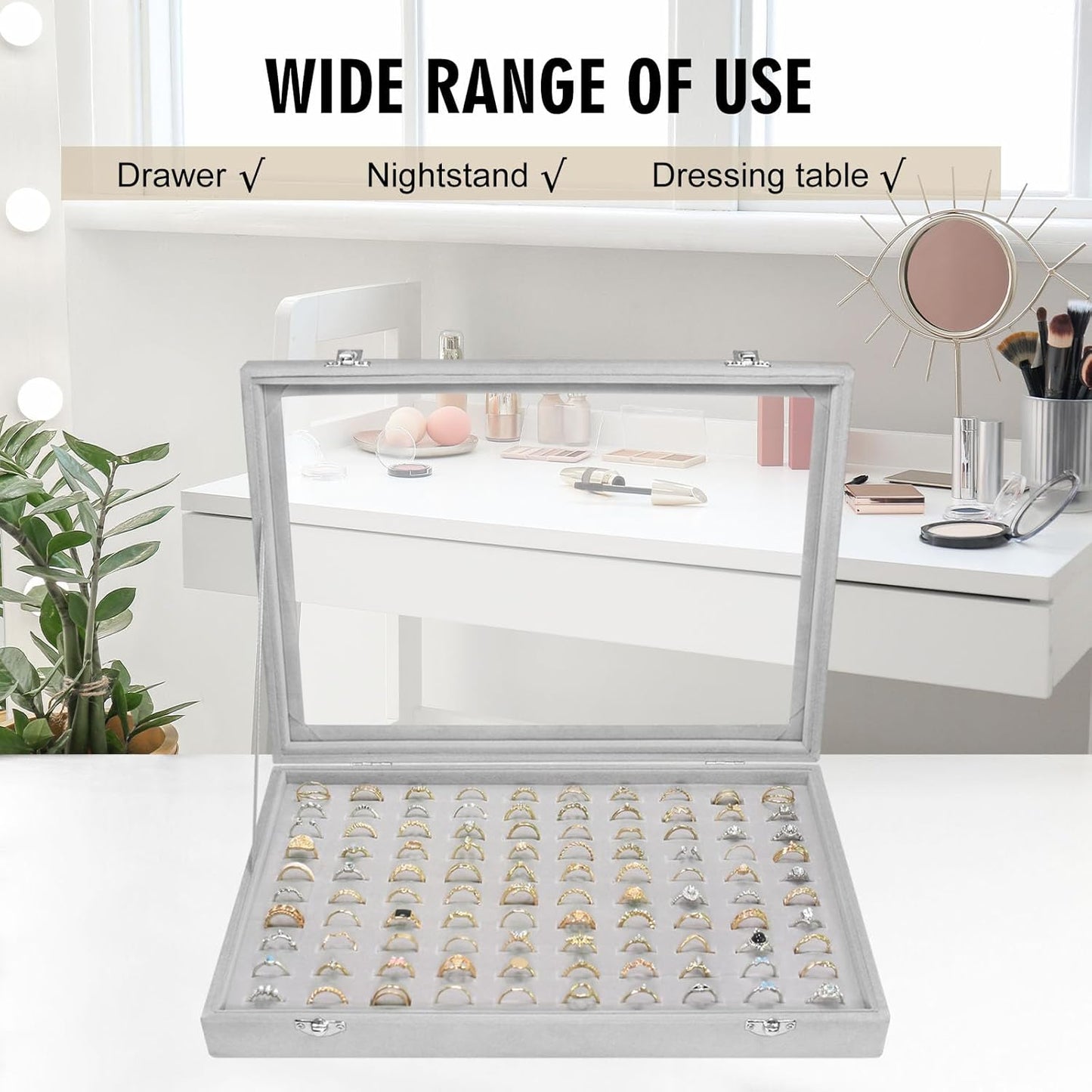 Velvet Ring Display Tray Organizer Box with Transparent Lid, 100 Slot Ring Holder Showcase For Store Display Jewelry Show Home, Ring Organizer For Rings Earrings (Grey)
