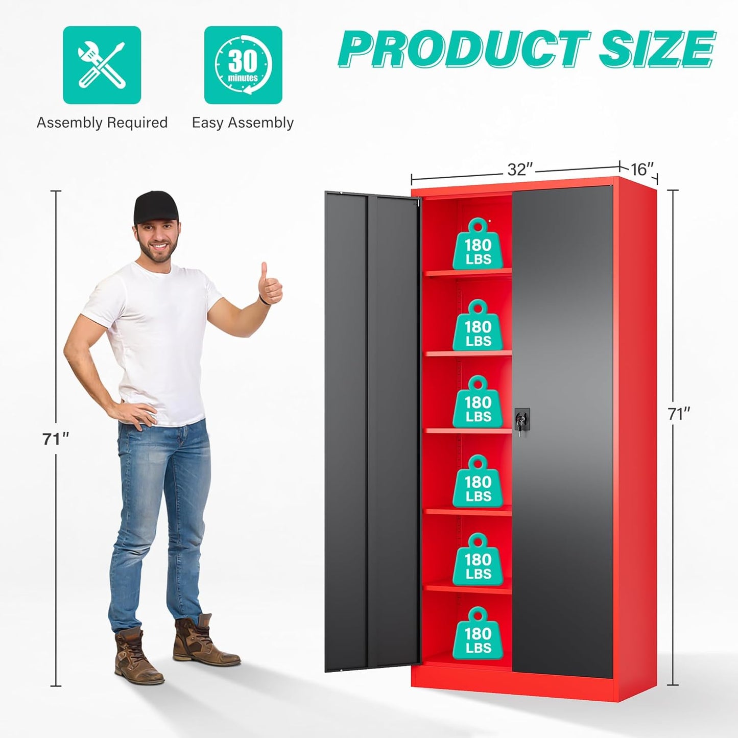 SISESOL Red Metal Storage Cabinet with Locking Doors and Shelves,Garage Storage Cabinet with Lock,Steel Locker,Lockable Cabinets for Home,Office,Shop,Garage Cabinets
