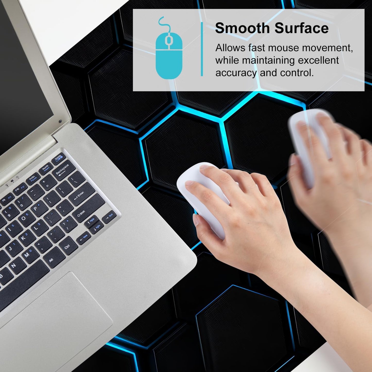 Gaming Mouse Pad – Large Extended Desk Mat35.43 x 15.75 in – Futuristic Black Honeycomb Design with Blue Glow, Non-Slip Base, Waterproof Surface, Keyboard & Mouse Pad for Gaming or Office