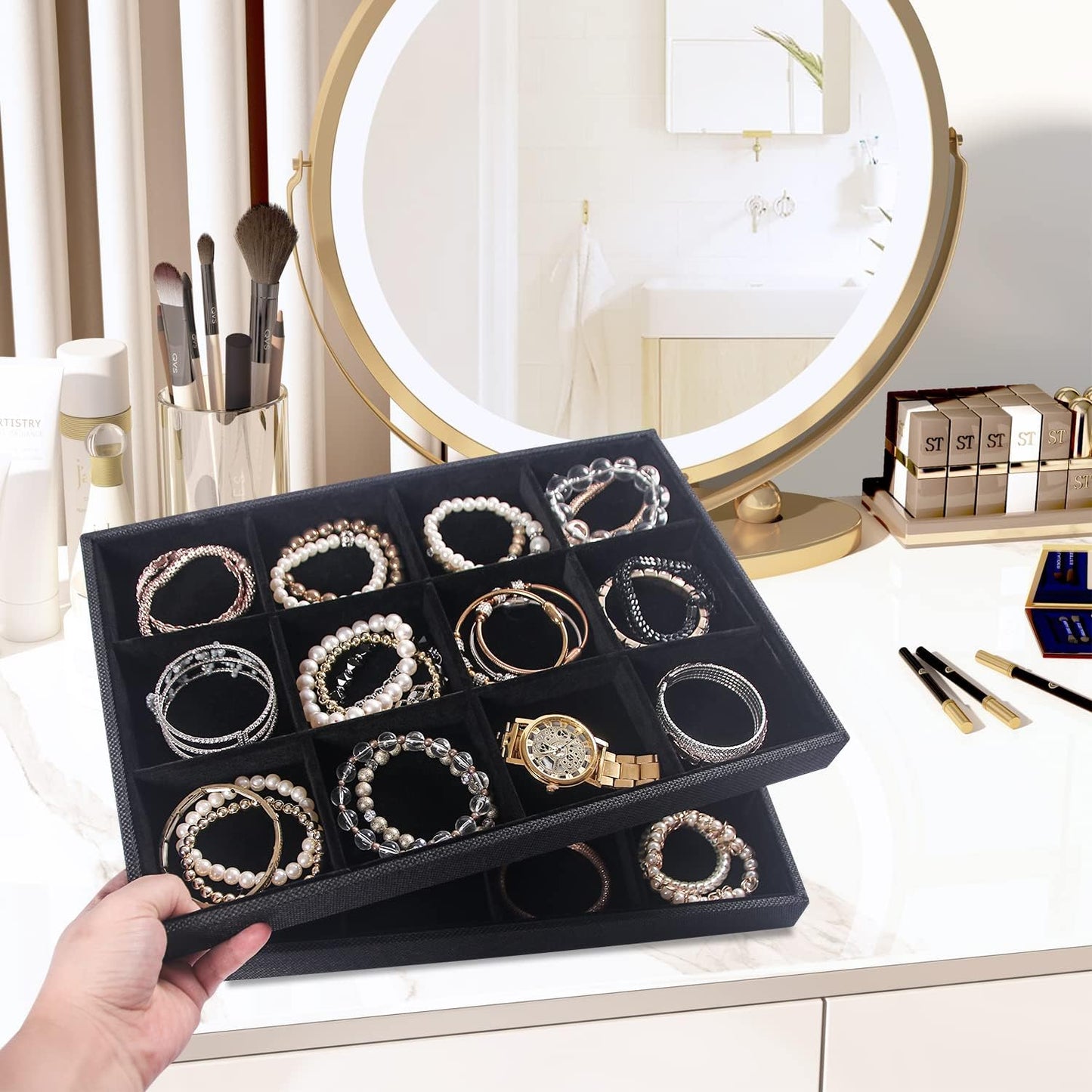 Julysky 2Pcs 12 Grids Stackable Jewelry Organizer Trays for Drawer,Bracelet Holder Box,Necklace Display Stand for Selling
