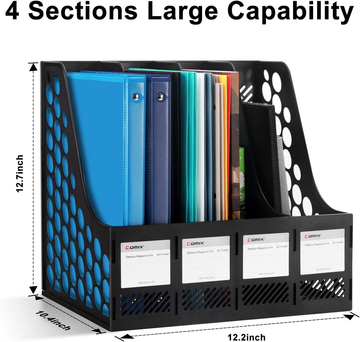 Comix Magazine File Holder Rack/Vertical Desktop File Organizer - Plastic Desk Organizer for Files, Folders, Books - 4 Compartment Binder Organizer - Black