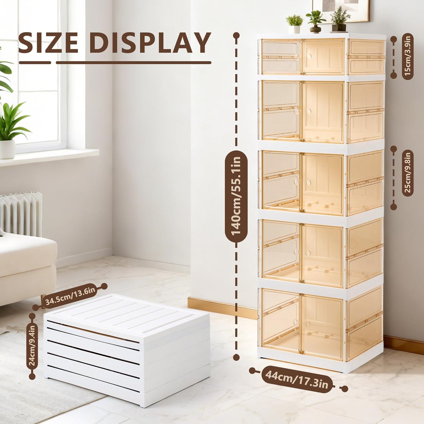 MGWILL Foldable Shoe Rack, Purse Organizers for Closet Plastic Clear Storage Box for Entryway, Large Sneaker Cabinet Bins Display Case for Collectibles with Magnetic Door 5 Tiers